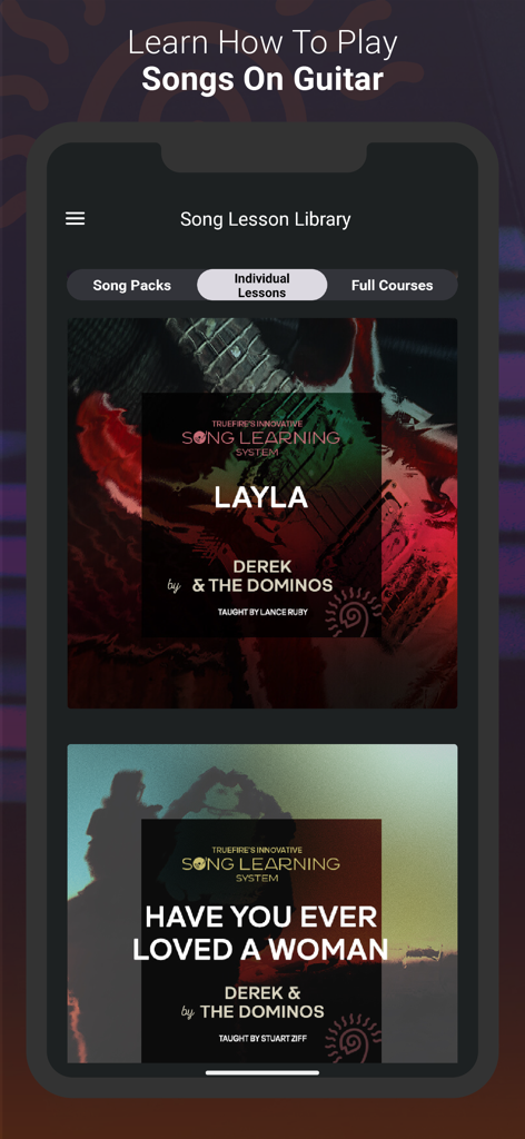 Pantalla de la Biblioteca de Lecciones de Canciones de la aplicación de guitarra TrueFire que muestra lecciones de canciones individuales.