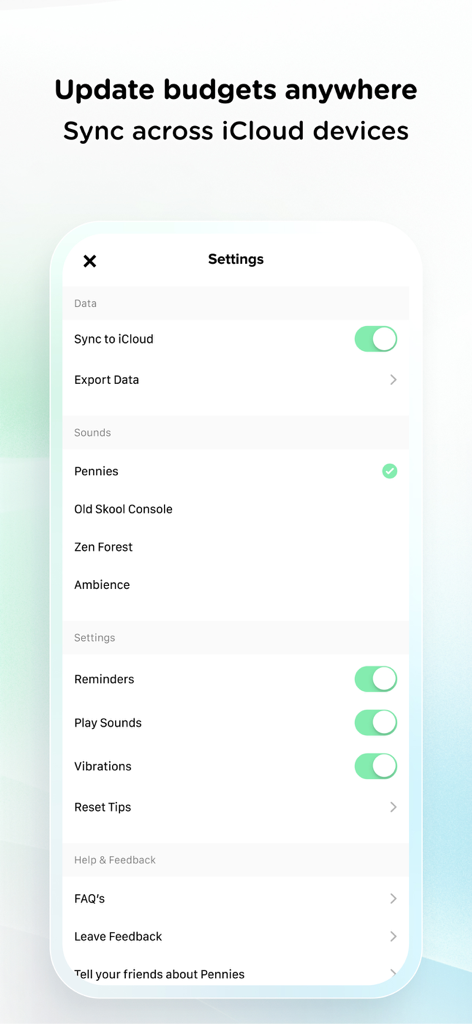 The settings menu of the Pennies app showing iCloud synchronization and sound options