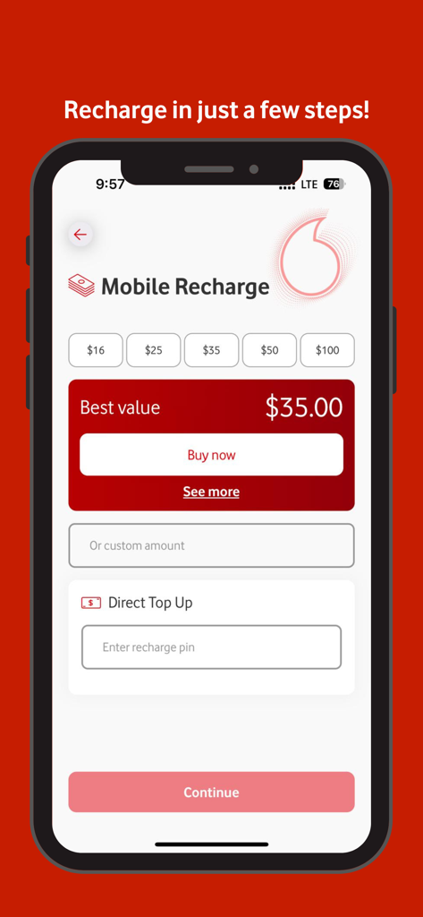 The mobile recharge screen of the My Vodafone Fiji app showing options for pre-set top up amounts and direct pin entry