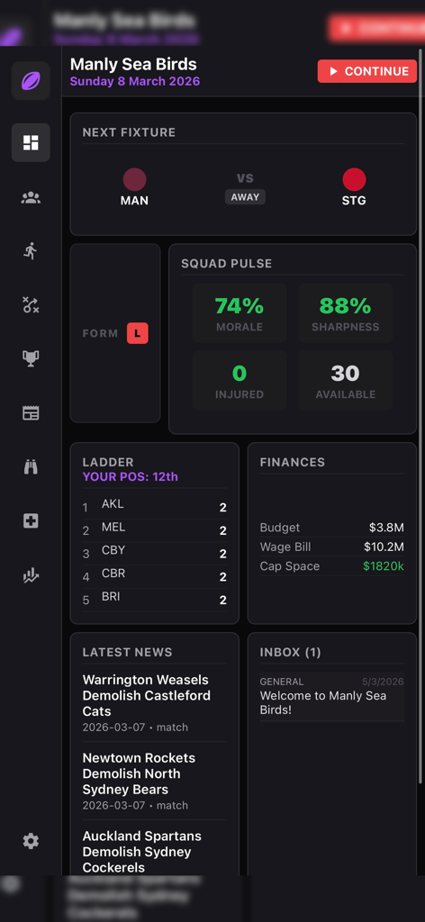 Rugby League Dynasty - Rugby League Dynasty mobile game dashboard showing team stats finances and squad pulse