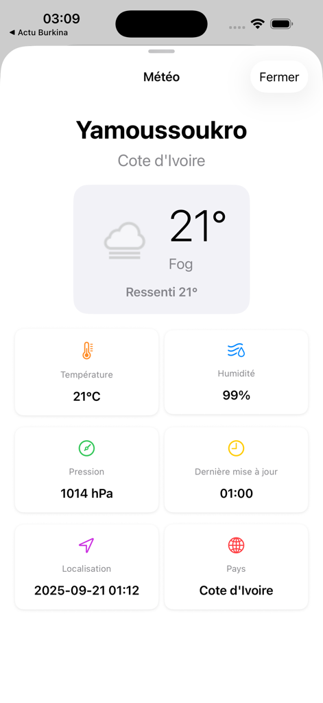 Weather screen for Yamoussoukro Ivory Coast in the Actu Cote d'Ivoire news app