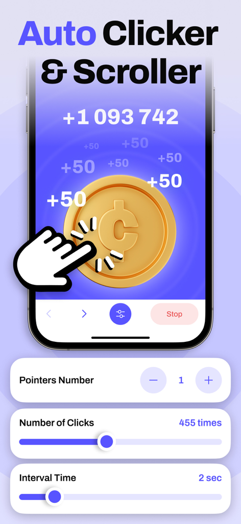 Interface de l'application My Auto Clicker avec les paramètres de tapotement automatique et de défilement