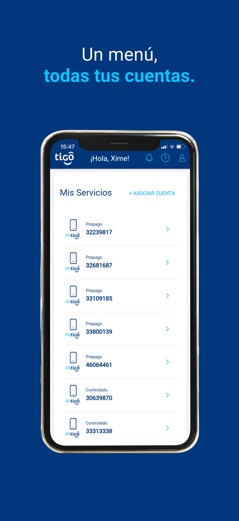 Mi Tigo Panamá - Screenshot of the Mi Tigo Panama app showing a list of managed prepaid and controlled mobile accounts under one user profile.