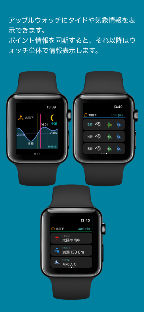 タイドと気象情報 - SurfTideX - Apple Watch画面。サーフィンのための潮汐グラフと毎時気象予報を表示。