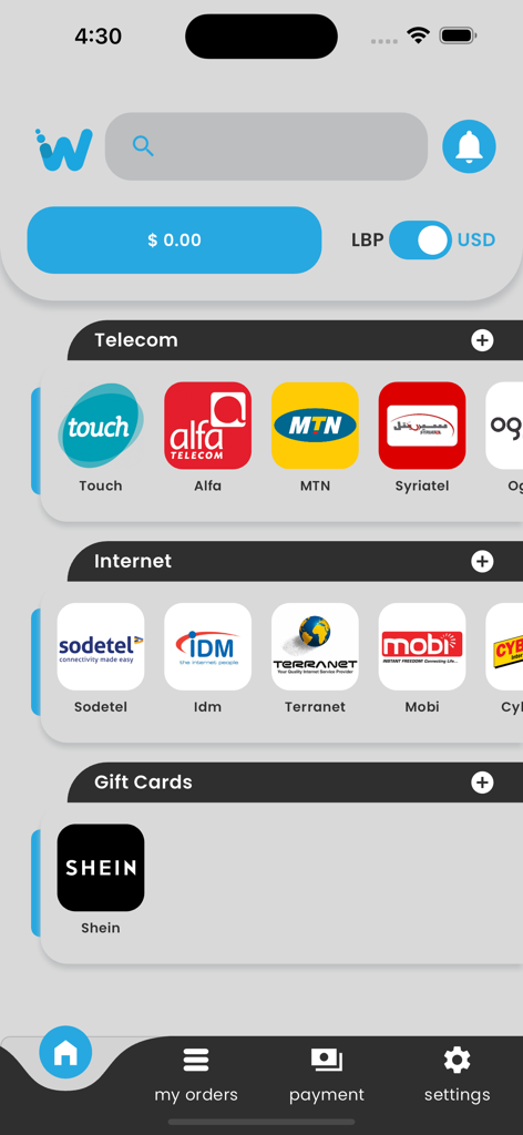 WAKEL Topup - Interface of the WAKEL Topup app showing categories for telecom internet and gift cards including Alfa and Touch services
