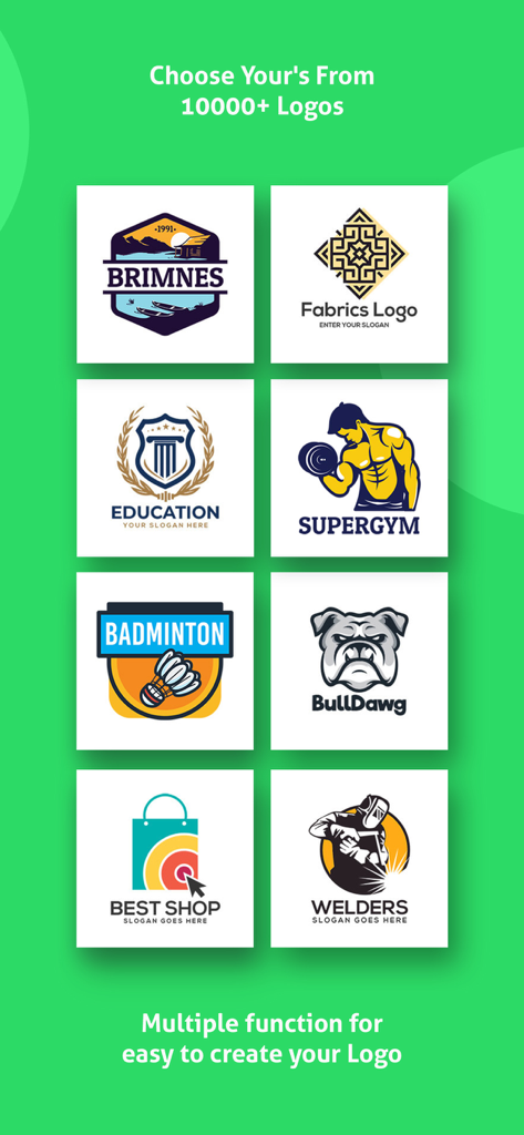 Logo Maker - Logo Creator - Una colección de diversas plantillas de logos para empresas, incluyendo categorías de gimnasio, educación y deportes.