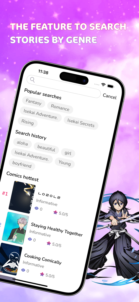 Manga Webtoon: Endless Stories - Search interface showing popular genres and trending stories in the Manga Webtoon app.