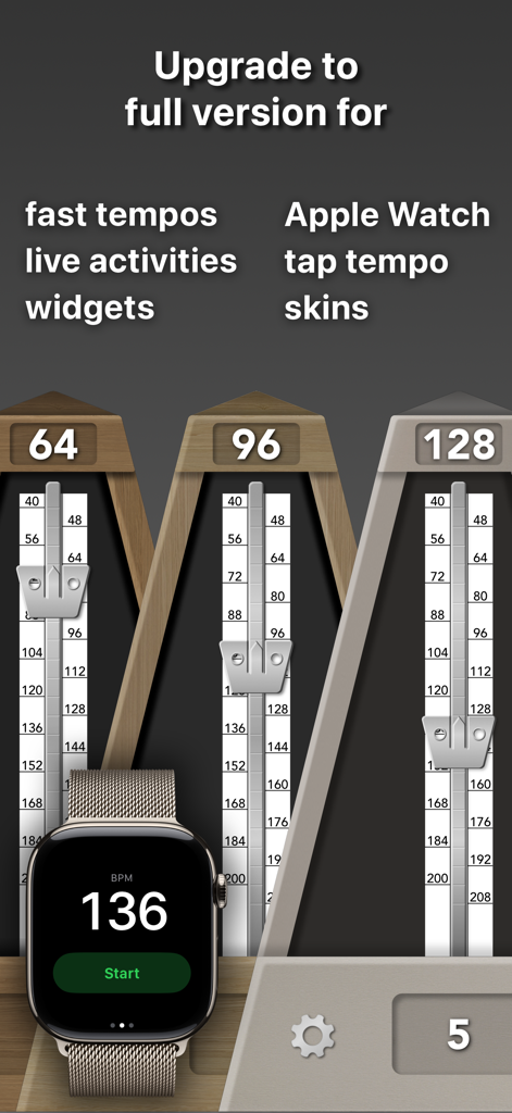 True Metronome Lite - True Metronome Lite app screenshot highlighting full version features like Apple Watch support and skins