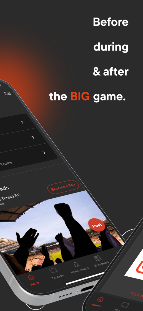 Sports Thread - Sports Thread mobile app screen showing the social feed for athletes and fans before and after games