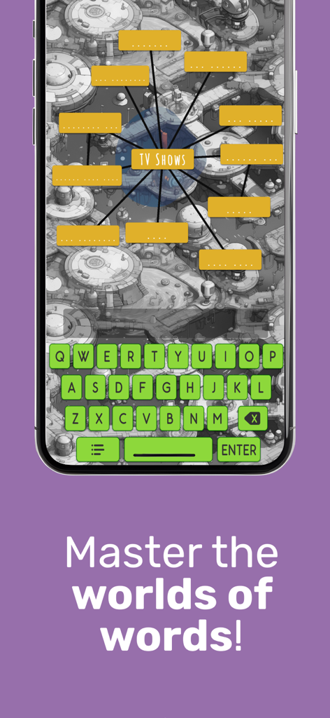 Worlds of Words - Captura de pantalla de la aplicación móvil Mundos de Palabras que muestra un rompecabezas de asociación de palabras con temática de programas de TV.