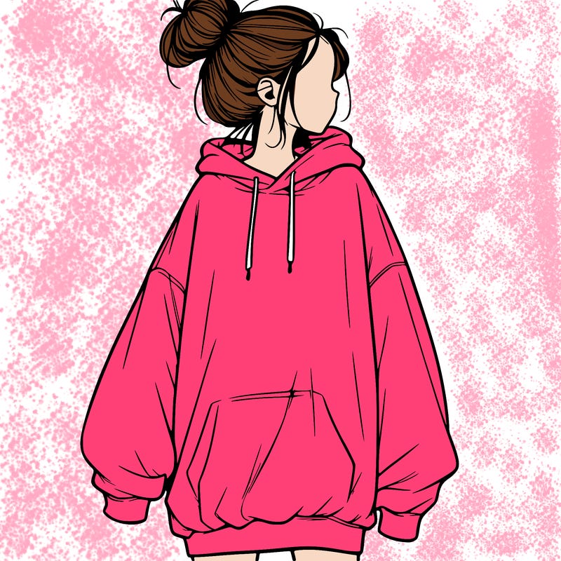 realistic girl with a oversized sweatshirt on and a bun