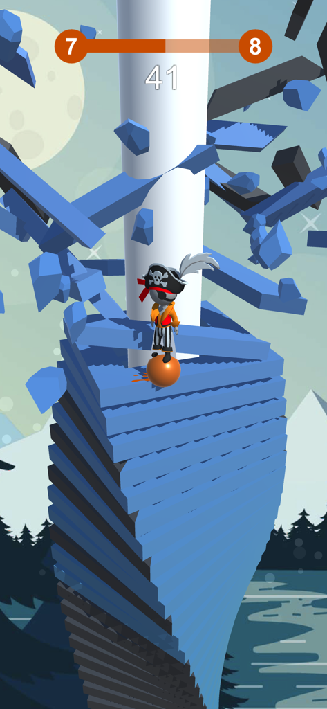 Stack Jump Ball - A pirate character on an orange ball smashing through blue revolving helix platforms in a 3D arcade game