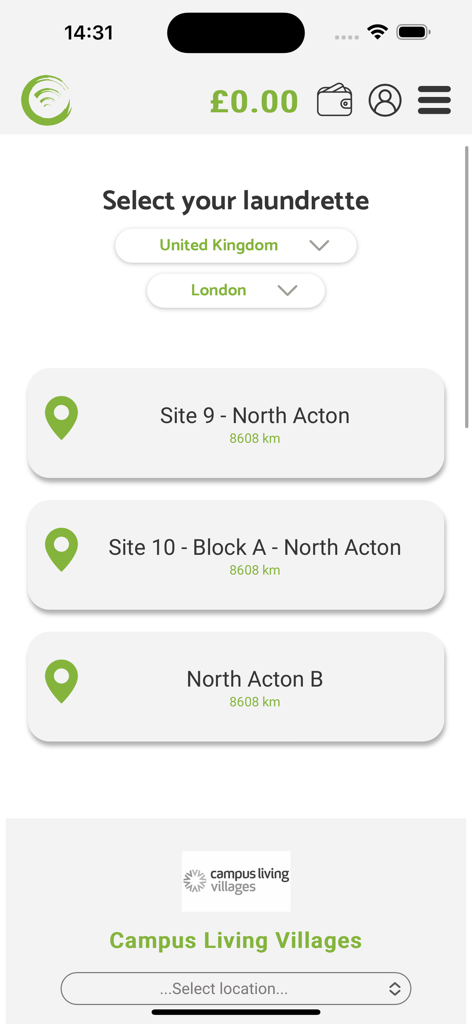 Washnet - Interface of Washnet app for selecting a laundry facility location