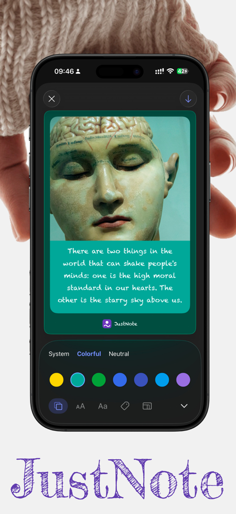 JustNote: Aesthetic Notes - Interfaz de la app JustNote mostrando una tarjeta de cita minimalista y opciones de personalización de temas coloridos