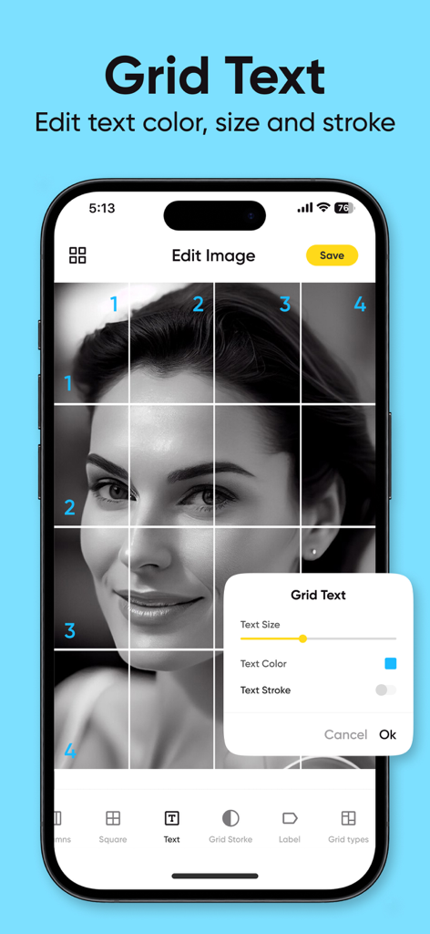 GridArt - Drawing Grid - Interface of GridArt app showing grid text customization options for labels on a portrait reference photo