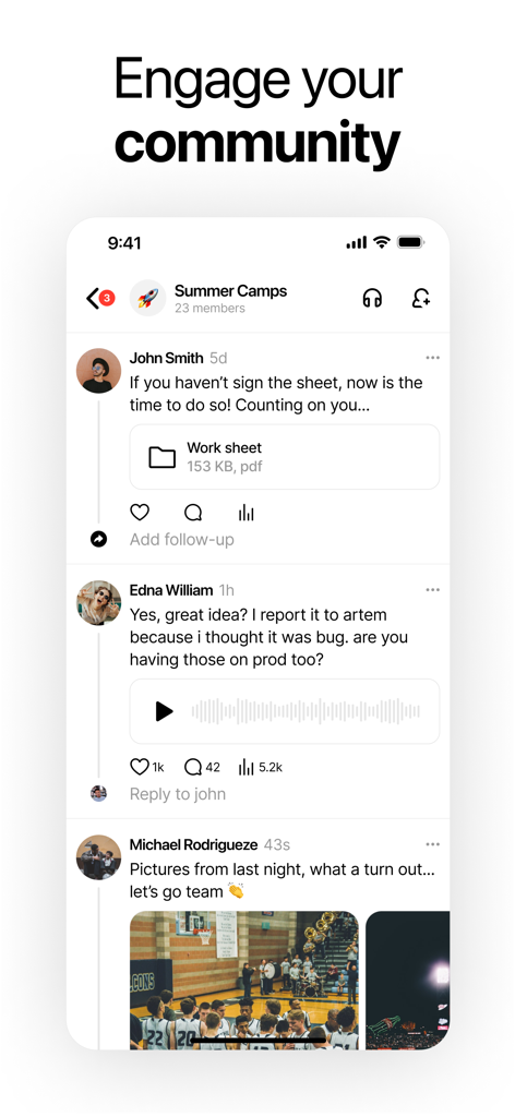 Scoop Messenger - Scoop Messenger app interface showing a summer camp community feed with shared files and voice notes