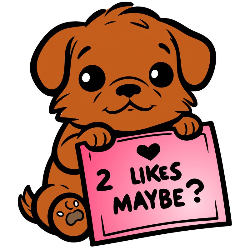 a puppy holding a sign that says 2 likes maybe?
