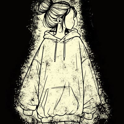 realistic girl with a oversized sweatshirt on and a bun
