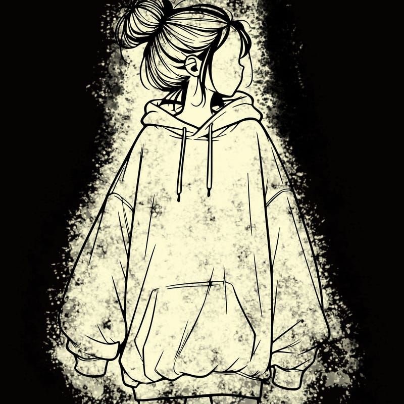 realistic girl with a oversized sweatshirt on and a bun