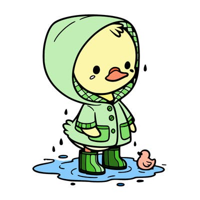 baby duck in a rain coat and boots, in a puddle while it’s raining