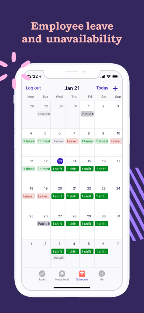 Monthly calendar view in Deputy Kiosk app showing employee shifts and leave status.