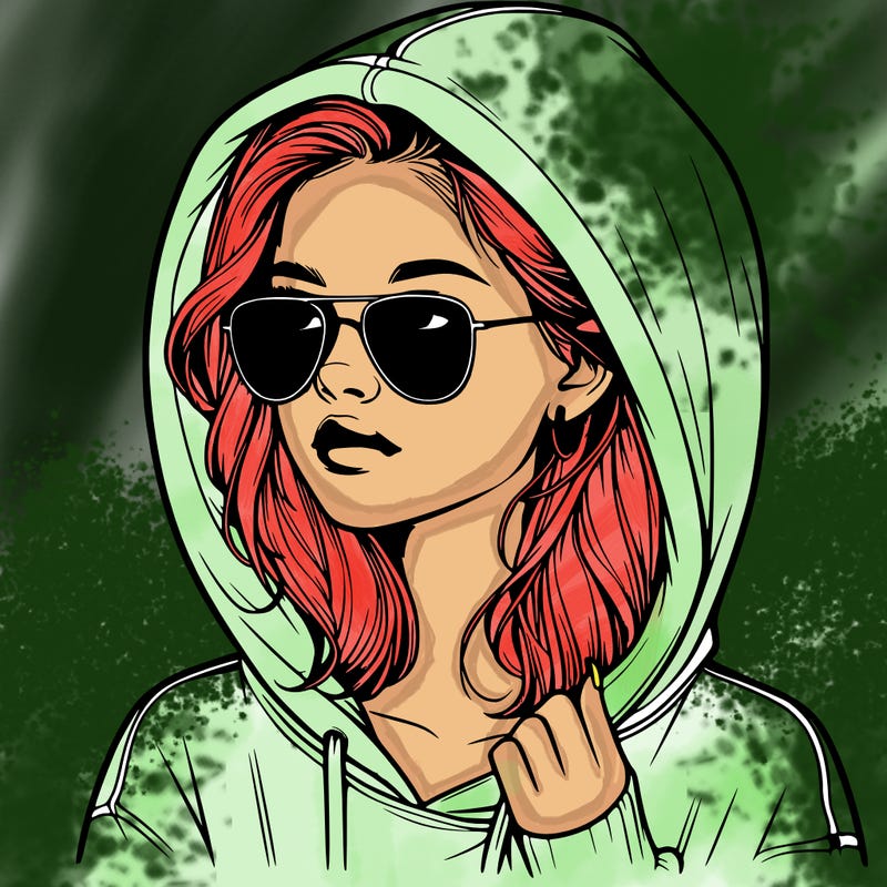 realistic teenage girl, wearing a hoodie and sunglasses