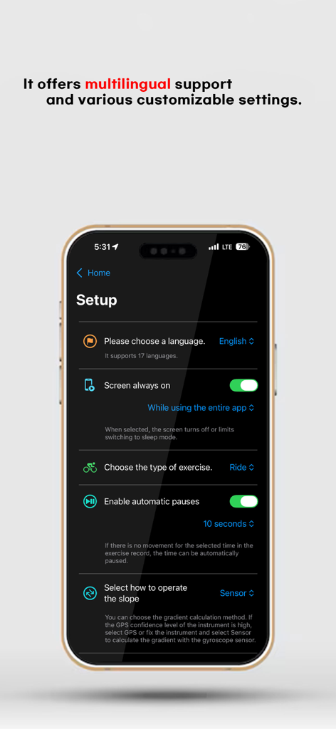Masil Tracker - Tela de configuração do aplicativo Masil Tracker mostrando opções personalizáveis para idioma, pausa automática e configurações de cálculo de inclinação.