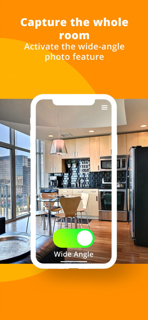 Una pantalla de smartphone que muestra la función de foto gran angular en la aplicación Exposio Real Estate Camera para capturar habitaciones completas.