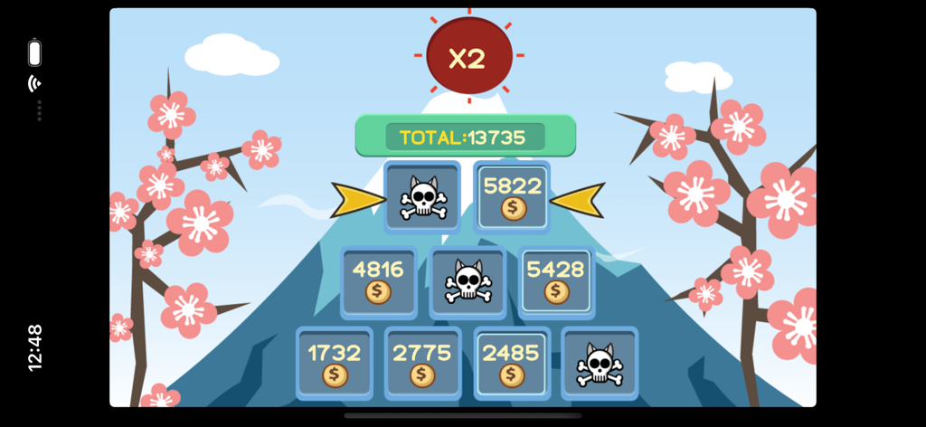 Fortune Cat MaoMao's Slots - A bonus game screen in Fortune Cat MaoMao's Slots showing a pyramid grid of coin rewards and cat skull icons with a mountain and cherry blossom background