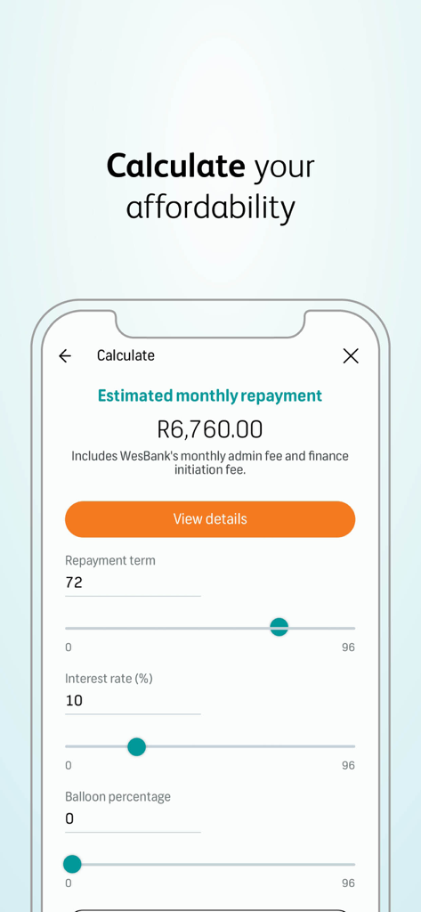 WesBank mobile app screen showing a vehicle finance affordability calculator with monthly repayment estimates and loan term sliders