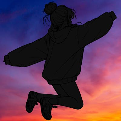 realistic girl jumping with a bun and oversized sweatshirt