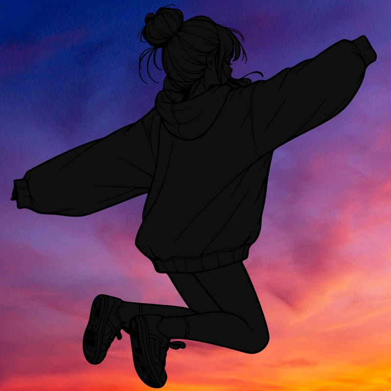 realistic girl jumping with a bun and oversized sweatshirt