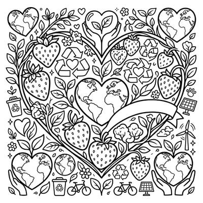 Immerse yourself in a beautiful fusion of nature's sweetness and environmental care with this unique coloring page. Featuring strawberries intertwined with symbols of Earth Day, it's perfect for celebrating sustainability.