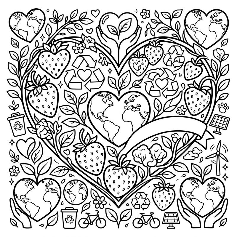 Immerse yourself in a beautiful fusion of nature's sweetness and environmental care with this unique coloring page. Featuring strawberries intertwined with symbols of Earth Day, it's perfect for celebrating sustainability.