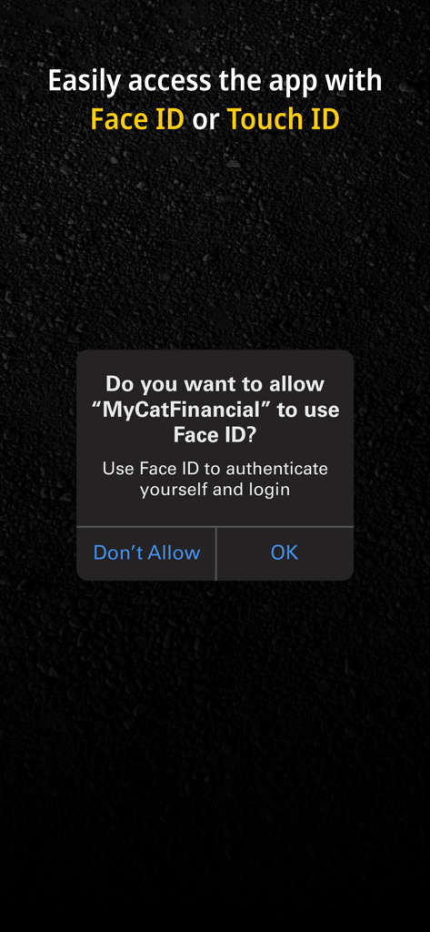 MyCatFinancial - MyCatFinancial app screen showing a system prompt to enable Face ID for secure and easy biometric login.