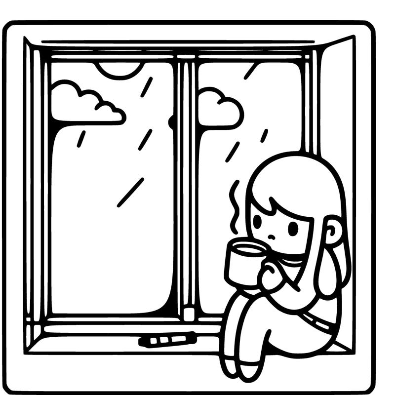 a person who is bored sitting next to a window looking out into the blue with a cup of coffee in her hands