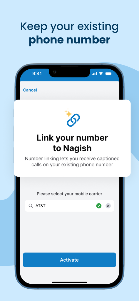 Tela do aplicativo Nagish mostrando como vincular um número de telefone existente selecionando uma operadora móvel para receber chamadas legendadas.