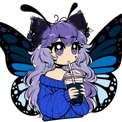 a realistic butterfly/furry girl drinking boba