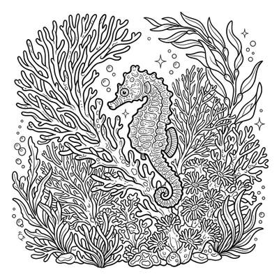 Discover the tiny wonders of the ocean with this intricate pygmy seahorse coloring page. Immerse yourself in a world of delicate coral and marine life, perfect for a relaxing creative escape.