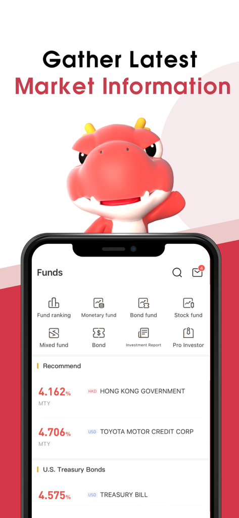 VBrokers-Trade Stock & Option - VBrokers app funds section showing market information and bond yields