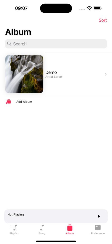 The album library interface of the Melody offline music player app featuring a search bar and a demo album.