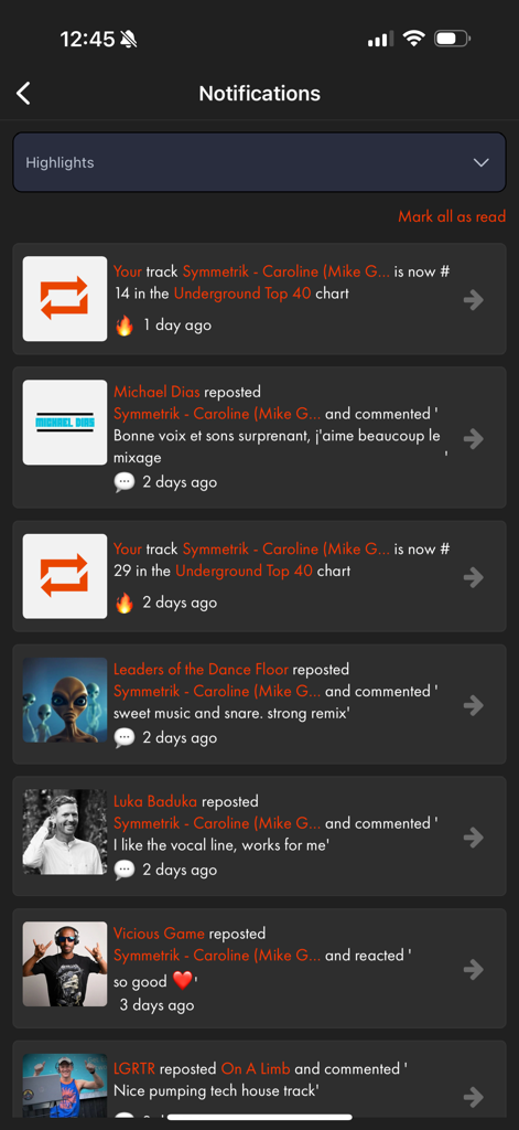 RepostExchange - Promote Music - A list of notifications in the RepostExchange app showing user reposts comments and track chart rankings
