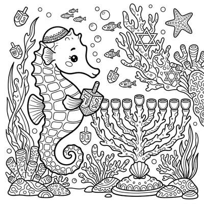 Discover a truly unique Hanukkah celebration with our Dwarf Seahorse coloring page. This delightful design combines traditional holiday symbols like menorahs and dreidels with a vibrant underwater world, offering a fun and imaginative coloring experience.
