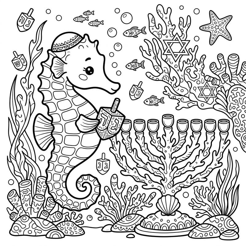 Discover a truly unique Hanukkah celebration with our Dwarf Seahorse coloring page. This delightful design combines traditional holiday symbols like menorahs and dreidels with a vibrant underwater world, offering a fun and imaginative coloring experience.