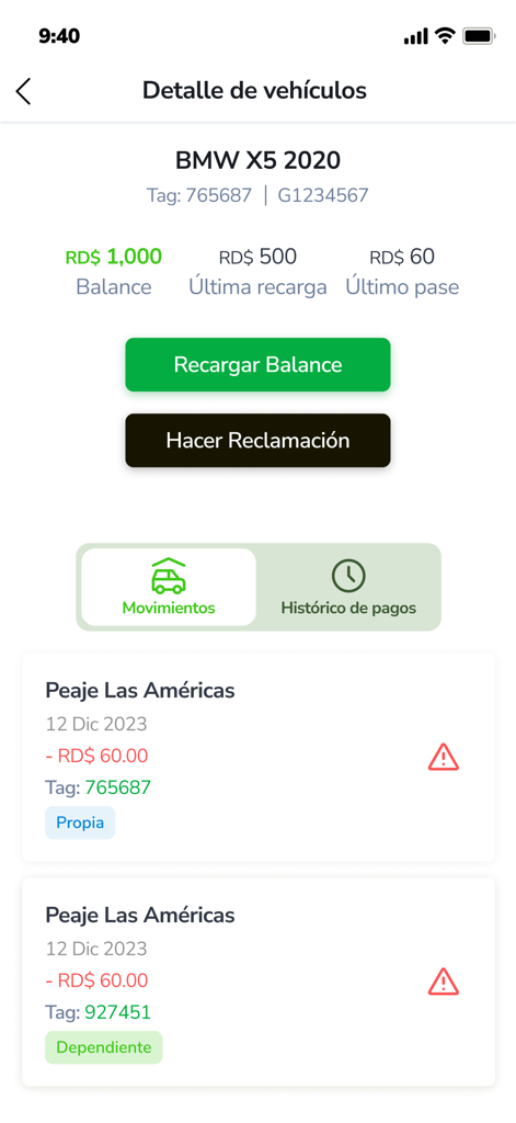 Paso Rápido - Mobile app interface of Paso Rapido showing vehicle balance and toll activity