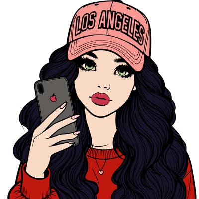 realistic beautiful girl wearing los ángeles cap holding an iphone