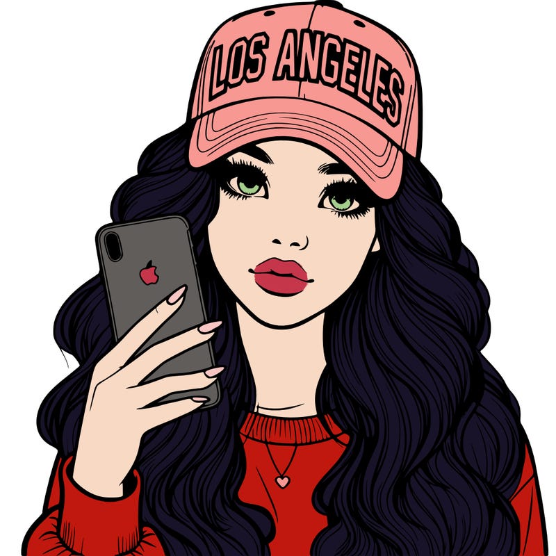 realistic beautiful girl wearing los ángeles cap holding an iphone