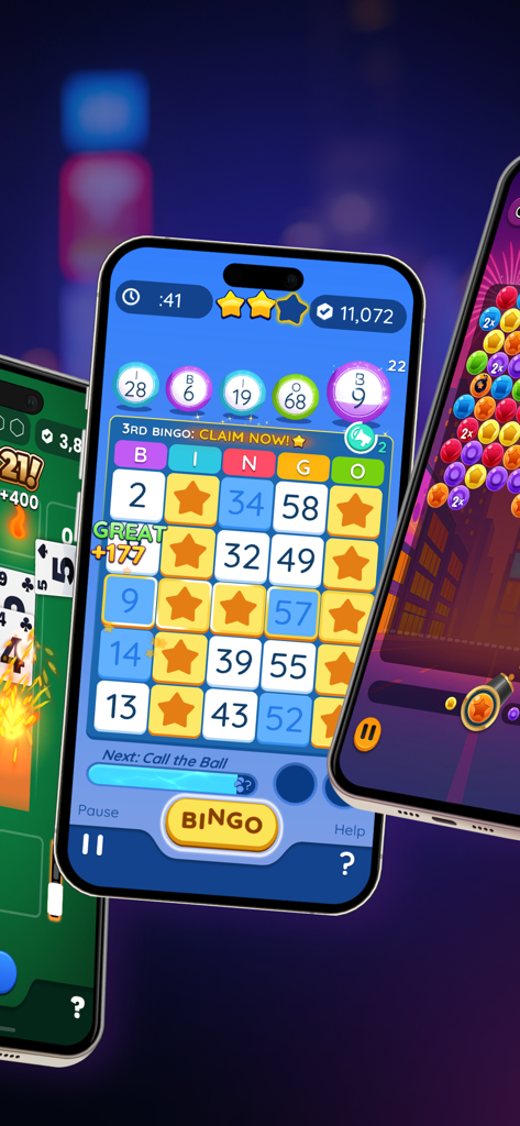 Telefoni cellulari che mostrano giochi di Bingo, Solitario e Bubble Shooter nell'app Cash Out Club