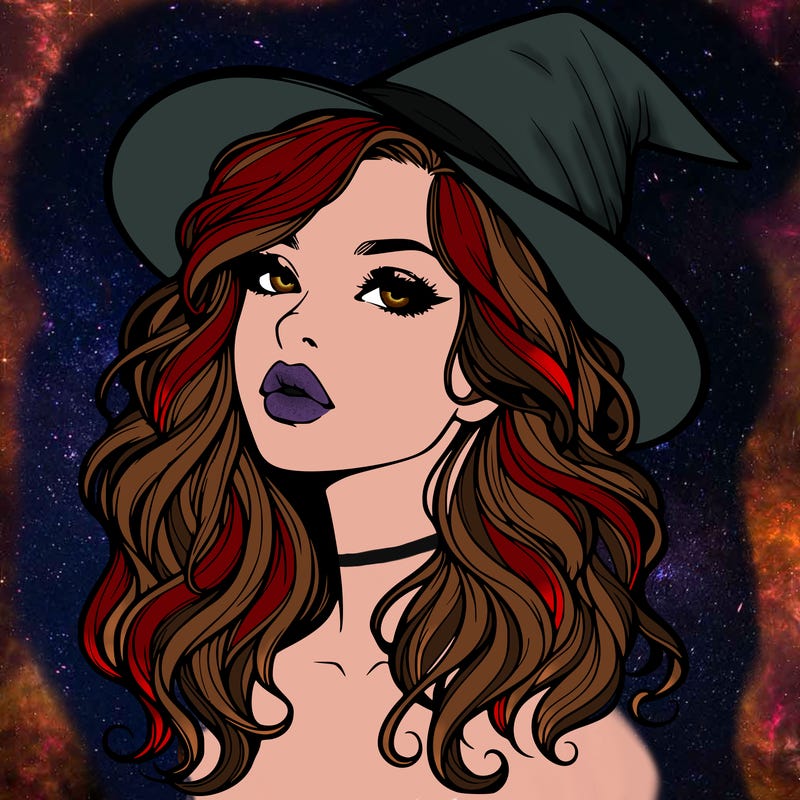 realistic witch girl with wavy hair and lips
