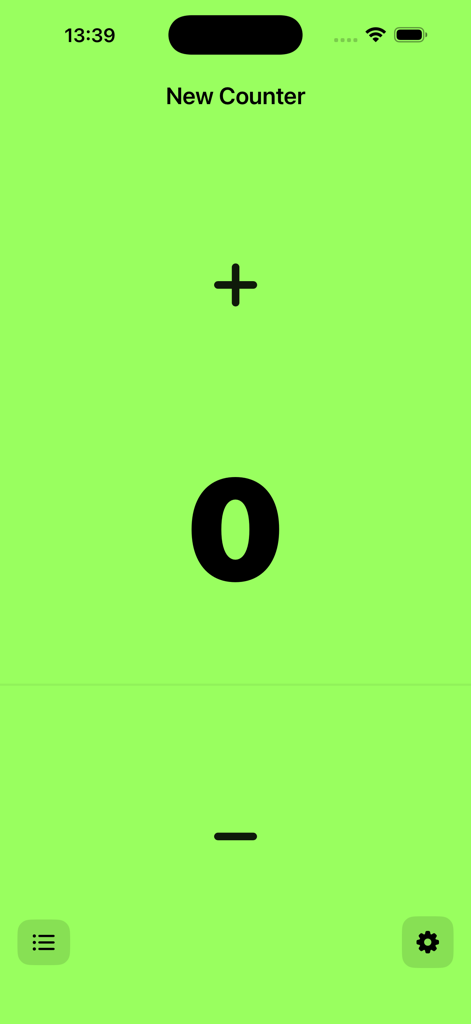 Any Counter: Endless Counter - Any Counter mobile app interface showing a new counter with a zero value on a bright green background
